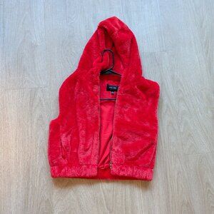 LOVE TREE Bright Red Hooded FAUX FUR Zip Up Vest